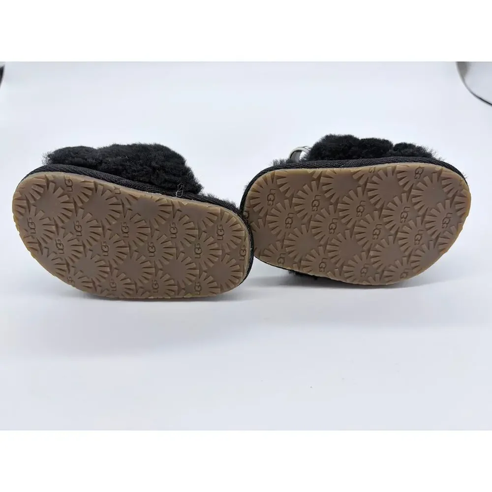 UGG Baby Girl Fluff Yeah Black Slides Pink First Steps Size 0-6 6-9 Month